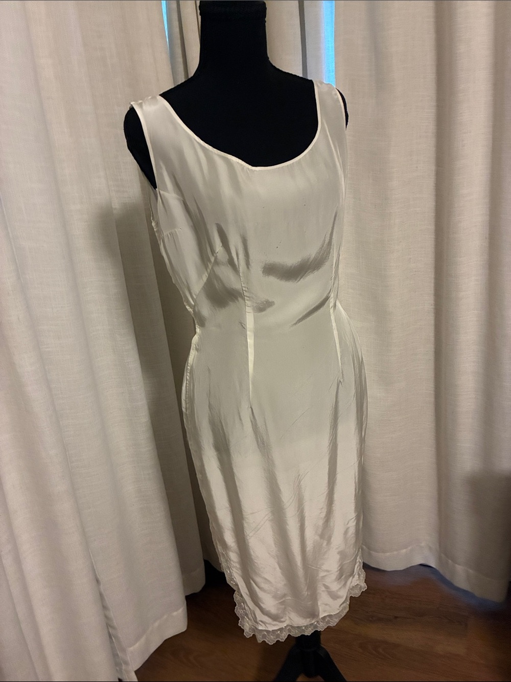 Vintage Cream Satin Chemise Slip with Lace Trim